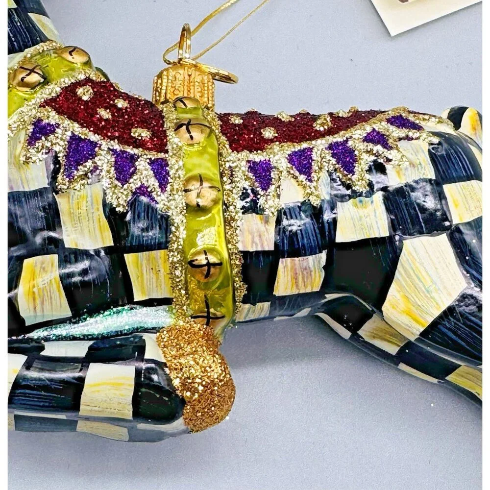 Mackenzie‎ Childs Prancer Reindeer Glass Christmas Ornament Courtly Checks Box